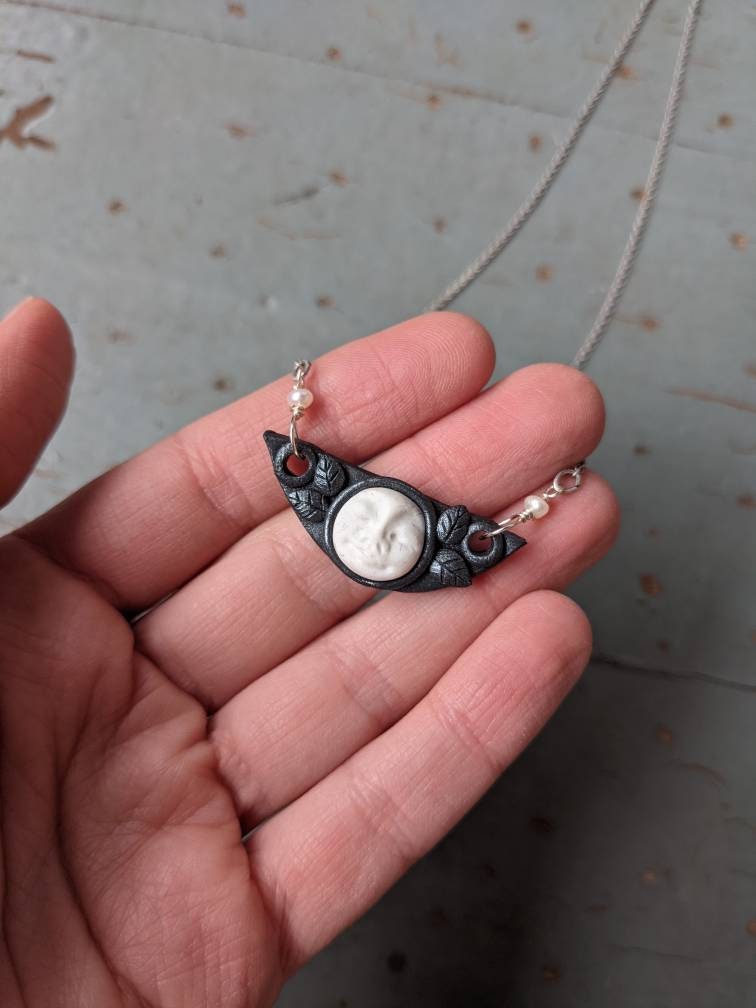 Handmade Polymer Clay Full Moon Face and Leaf Armor Necklace - Etsy