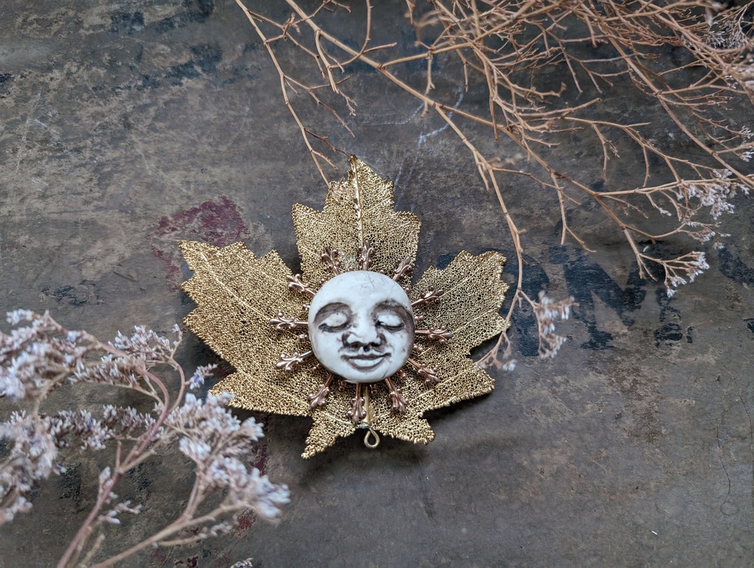 Handmade Polymer Clay Full Moon Face and Leaf Hair Barrette - Etsy
