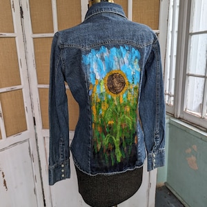 Hand painted upcycled sunflower jean jacket