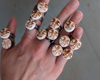 Handmade polymer clay full moon face ring