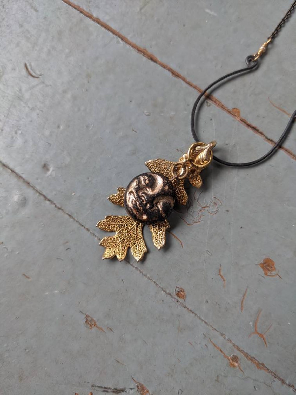 Handmade Polymer Clay Full Dark Moon Face and Skeleton Leaf Pendant - Etsy