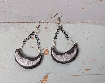 Herkimer diamond and silver crescent moon polymer clay statement earrings