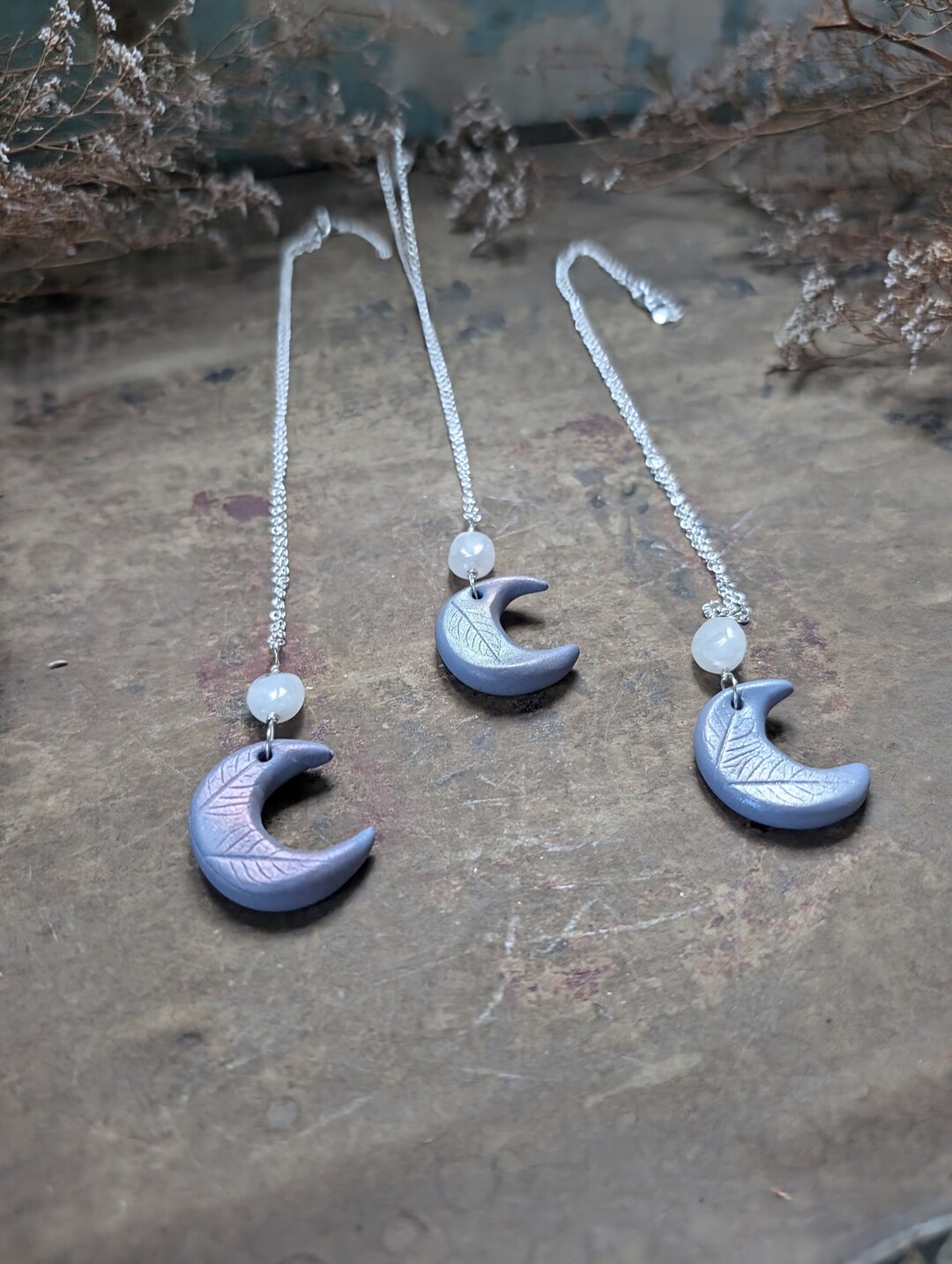 Handmade Polymer Clay Crescent Moon and Leaf Pendant - Etsy