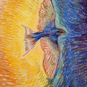 Safe Harbor Original Öl Pastell Zeichnung einer fliegenden Schwalbe Kunst Fundraiser für die Ukraine
