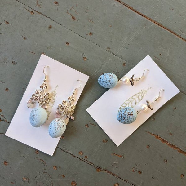 Handmade polymer clay speckled blue bird egg earrings