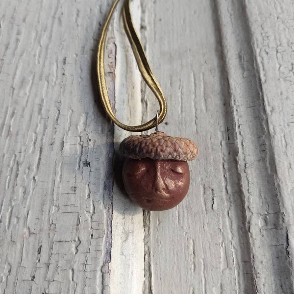 Handmade polymer clay acorn pendant, dark brown and gold