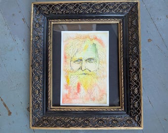 Framed original watercolor painting of a green man