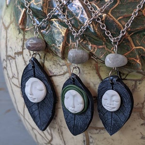 Handmade Polymer Clay Full Moon Face and Silver Leaf Pendant With ...