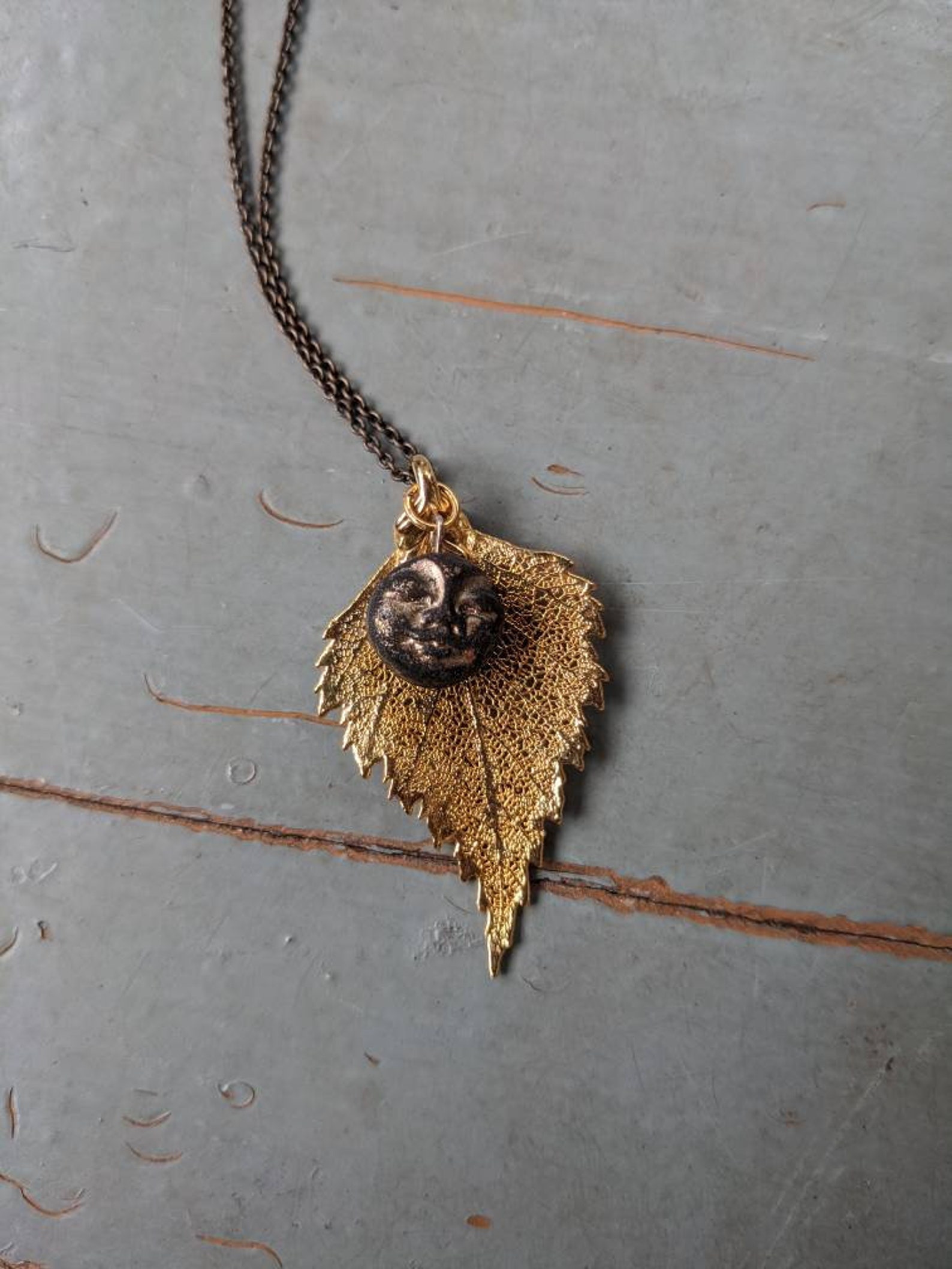 Handmade Polymer Clay Full Dark Moon Face and Skeleton Leaf Pendant - Etsy