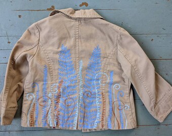 Cottagecore fantasy blue fiddlehead fern hand painted upcycled denim jacket