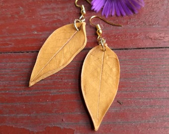 Handmade polymer gold polymer clay leaf earrings, autumn fall, statement jewelry, ooak