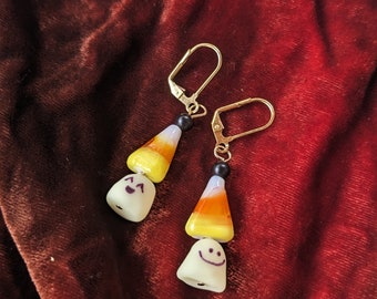 Handmade polymer clay ghost and candy corn earrings