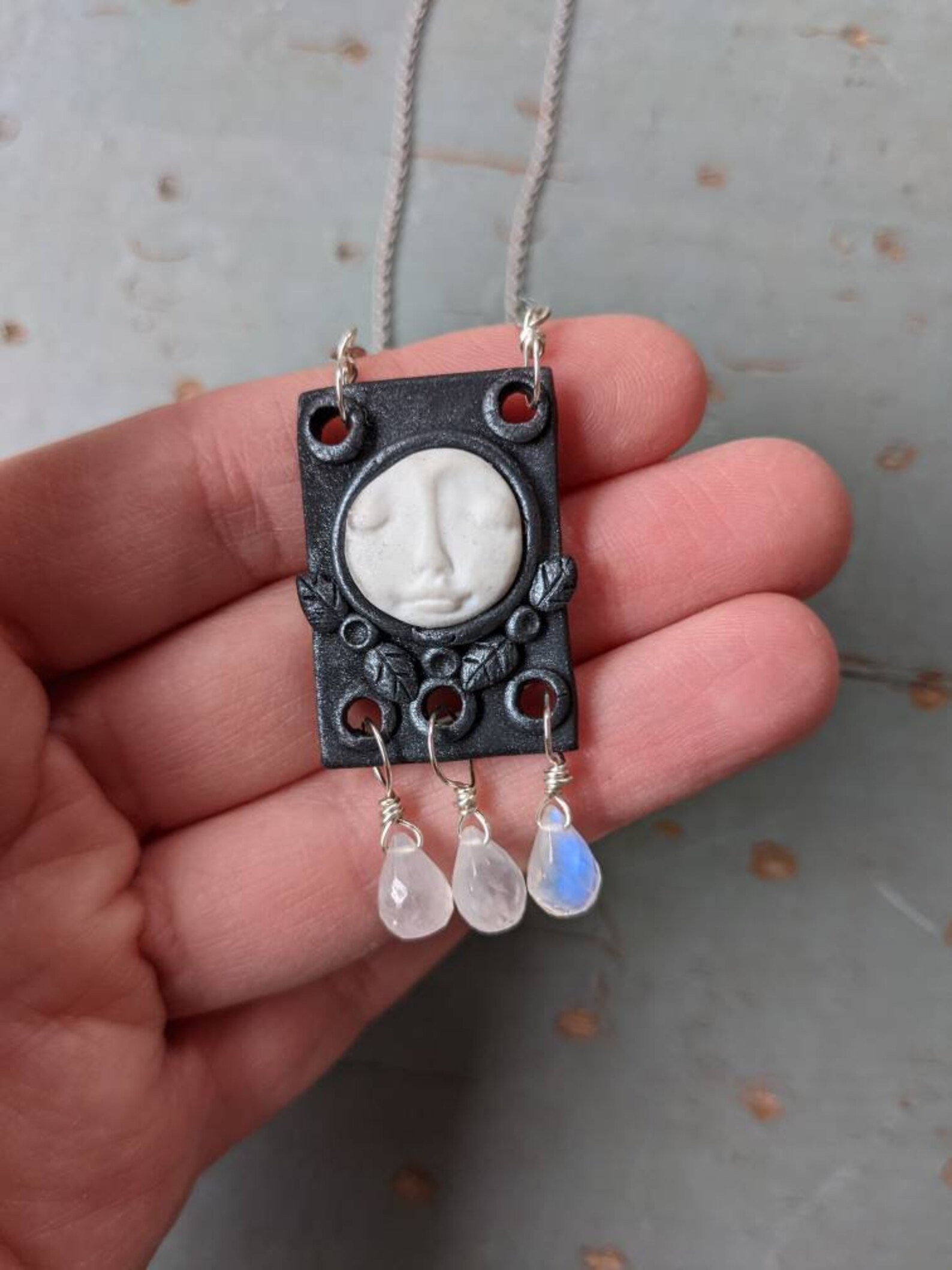 Handmade Polymer Clay Full Moon Face and Leaf Armor Necklace - Etsy