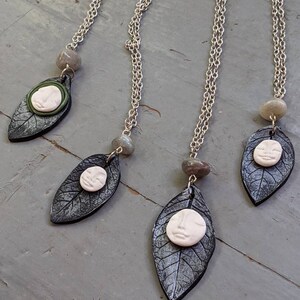 Handmade Polymer Clay Full Moon Face and Silver Leaf Pendant With ...