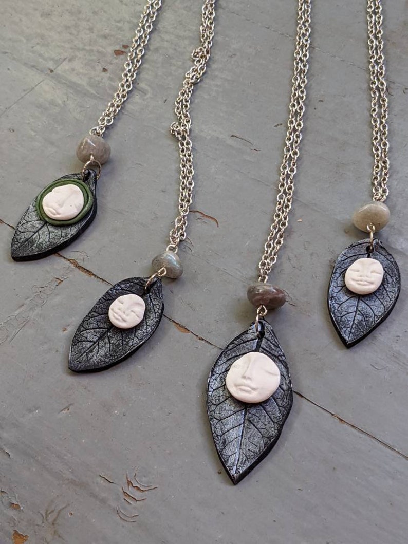 Handmade Polymer Clay Full Moon Face and Silver Leaf Pendant With ...