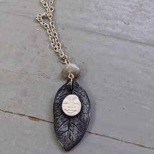 Handmade Polymer Clay Full Moon Face and Silver Leaf Pendant With ...