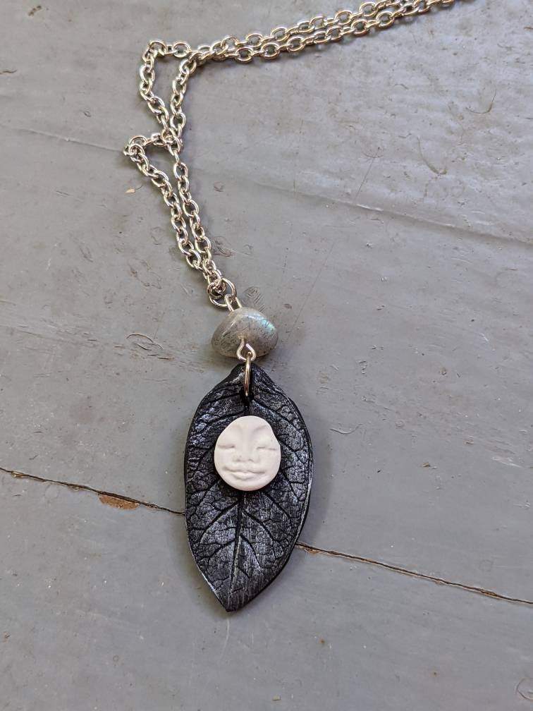 Handmade Polymer Clay Full Moon Face and Silver Leaf Pendant With ...
