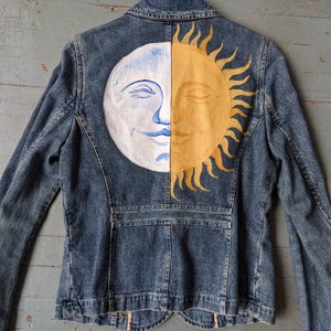 Hand painted upcycled denim jacket, celestial twins sun and moon boho clothing