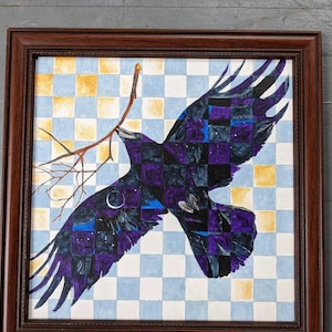 Framed original acrylic painting of a crow flying with constellation wings on a checkerboard sky