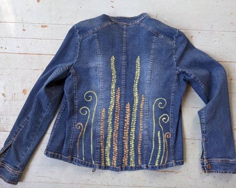 Cottagecore hand painted upcycled denim jacket with ferns