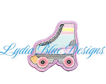 May include: A purple outlined embroidery design of a roller skate with pink, blue, and yellow stripes. The wheels are black with pink centers.