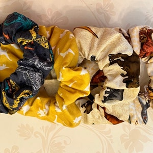 Dinosaur Scrunchies, Neutral Dinosaur, Print Fabric Handmade Hair Scrunchie Ponytail Holder Hair Tie Accessories Cream Dino