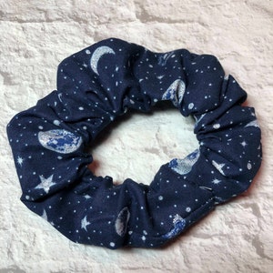 Galaxy Scrunchie, Space Scrunchie, Metallic Silver Constellation Fabric Handmade Hair Scrunchies