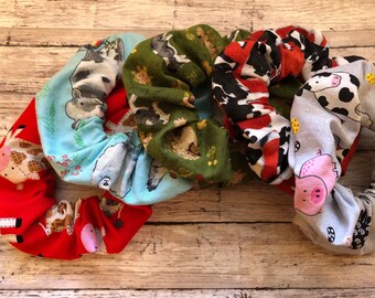 Cow Scrunchie, Pig Scrunchie, Farm Animal Fabric Hair Scrunchie