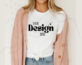 Gildan 5000 White T-Shirt Mockup, Women's Boho White T-Shirt Mockup, Natural Summer Aesthetic, Ideal for PODs and Online Stores