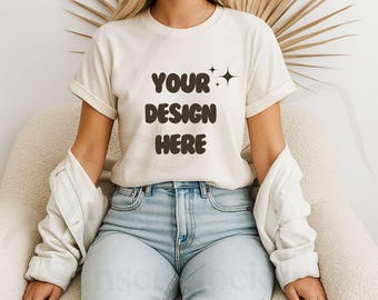 Bella Canvas 3001 Natural T-shirt mockup / Cozy boho mockup for summer and autumn / Trendy minimalist aesthetic / T-shirt mockup