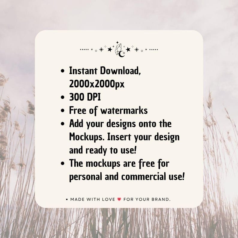 K&ouml;nnte beinhalten: Eine cremefarbene Grafik mit Text, der lautet: "Sofort-Download, 2000x2000px, 300 DPI, Frei von Wasserzeichen, F&uuml;gen Sie Ihre Designs auf die Mockups. F&uuml;gen Sie Ihr Design ein und sind einsatzbereit! Die Mockups sind kostenlos f&uuml;r den pers&ouml;nlichen und kommerziellen Gebrauch!" und "MIT LIEBE GEMACHT F&Uuml;R IHRE MARKE."