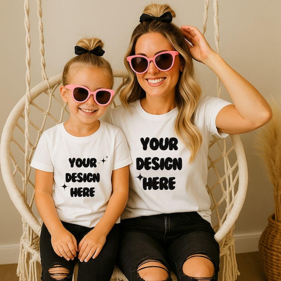 Mockup mamá e hija Bella Canvas 3001 – maqueta familiar blanca, ideal para camisetas madre e hija – digital instantánea 2025, mamá y niña