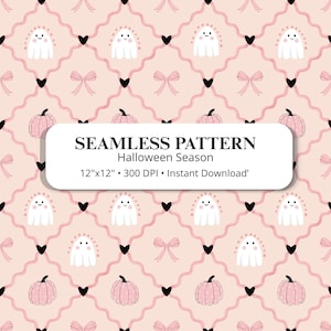 May include: A seamless pattern featuring white ghosts, pink pumpkins, and pink bows arranged in a diamond grid with small black hearts. The text reads: SEAMLESS PATTERN Halloween Season 12"x12" • 300 DPI • Instant Download.