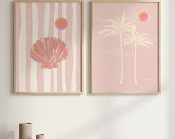 Set of 2 Pink Pastel Beach Prints, Palm Tree and Seashell Wall Art, Tropical Coastal Printable Decor, Digital Download