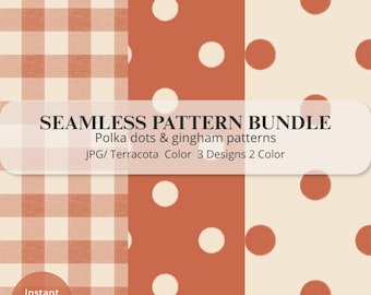 Pack of 3 Seamless Terracotta, Gingham and Polka Dot Prints, Boho Digital Paper for Fabrics and Paper, Commercial Use, Digital Download