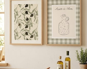 Set of 2 Olive Branch and Olive Oil Jug Printable Wall Art, Mediterranean Kitchen Decor, Minimalist Digital Download
