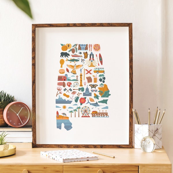Alabama Art, Alabama Gift, Alabama Map, Home State Print, Illustrated Map Poster, Going Away Gift, State Housewarming Gift, Moving Gift