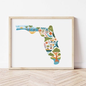 Florida State Print, Florida Poster, Florida Illustration, Florida Map, State Wall Art, Housewarming gift, Going Away Gift, Dorm Decor