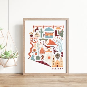 Arizona Print, State Print, Arizona Wall Print, Kitchen Art, Arizona State Map, Cactus Wall Art, Desert Art, Illustrated Map, Dorm Decor