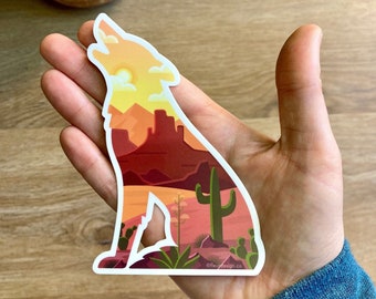 Desert Sticker, Cactus Sticker, Desert Art Gift, Coyote Art, Arizona Gift, Nature Vinyl Sticker, Desert Cactus Gift, Boho Desert Gift