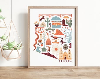 Arizona Print, State Print, Arizona Wall Print, Kitchen Art, Arizona State Map, Cactus Wall Art, Desert Art, Illustrated Map, Dorm Decor