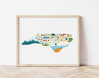 North Carolina Wall Decor, North Carolina Map Print, Home State Poster, Housewarming Gift, Farewell Moving Gift, Military Gift, Wedding Gift