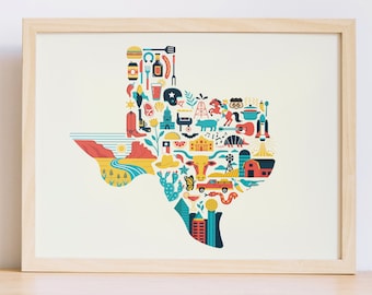 Texas Wall Art, Texas Map Art, Texas Decor, Texas Art Print, Texas Gift, Texas illustration, Texas Poster, City Art, Illustration, Travel