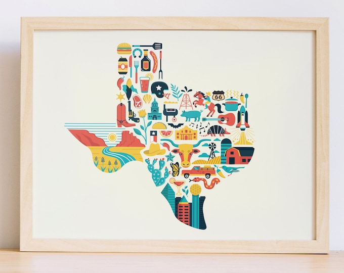 Texas Wall Art, Texas Map Print, Home State Poster, Housewarming Gift, Farewell Moving Gift, Military Gift, Wedding Gift, Dorm Decor
