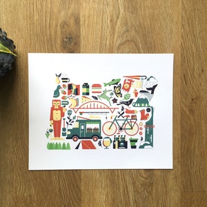 This is an image of an Oregon map art print. The art consists of a collection illustrated icons that form the shape of the state of Oregon. Each illustration represents that culture, natural beauty and history of the state of Oregon.