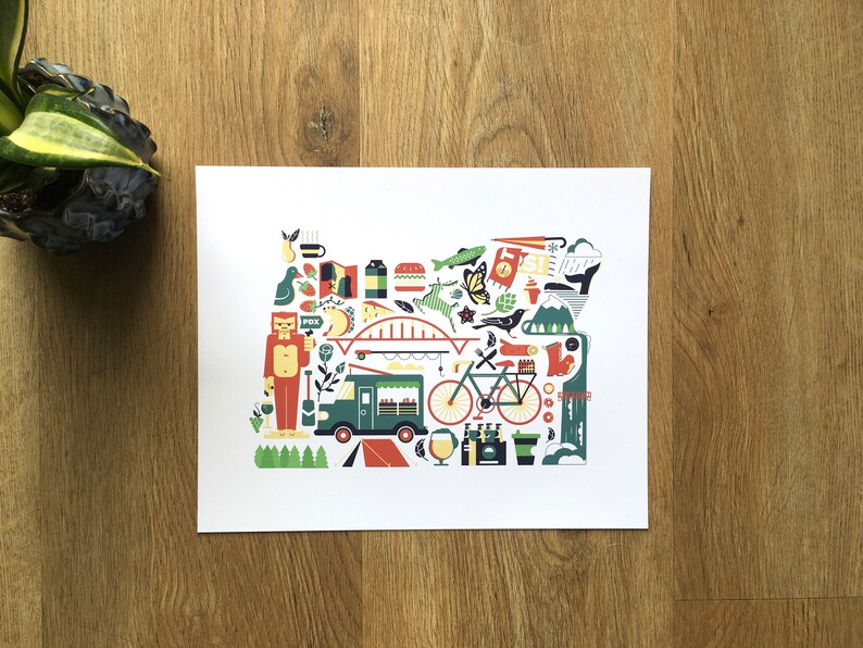 This is an image of an Oregon map art print. The art consists of a collection illustrated icons that form the shape of the state of Oregon. Each illustration represents that culture, natural beauty and history of the state of Oregon.