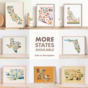 This images features a collection of framed state art map prints. Each design is made up of illustrated icons that form the shape of the state.Each illustration represents that culture, natural beauty and history of the state.