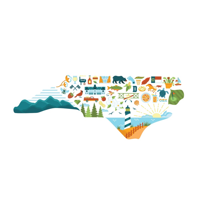 Pu&ograve; includere: Un'illustrazione colorata dello stato della Carolina del Nord, piena di icone che rappresentano vari aspetti della cultura, della natura e delle attrazioni dello stato. Le icone includono un faro, montagne, una spiaggia, un orso, un pesce, un cardinale, una pesca, una fragola, un'auto da corsa, un campo da golf e molto altro.