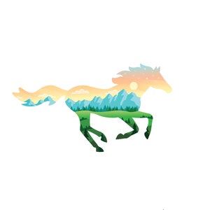May include: A running horse silhouette filled with a landscape scene. The horse is in shades of green, blue, yellow, and orange, with a mountain range, trees, and a sun. The background is white.