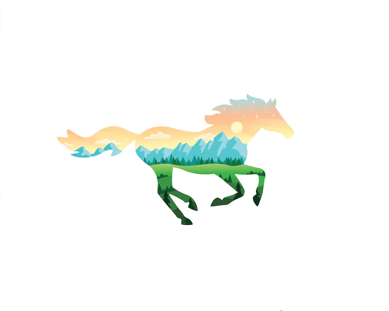 May include: A running horse silhouette filled with a landscape scene. The horse is in shades of green, blue, yellow, and orange, with a mountain range, trees, and a sun. The background is white.
